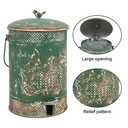 Farmhouse Garbage Can with Lid Indoor Outdoor Trash Can with Embossed Bird and Flowers PatternMetal Retro Kitchen Trash Can with Lid for Kitchen Room and Garden Decor (Green)