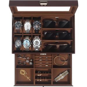 Kukikan Watch Jewelry Box Organizer, 6-Slot 2-Layer Watch Case and Sunglasses Storage with Large Glass Lid, Men's Jewelry Box with Lock, Watch Holder Display Case, Gift for Men Women