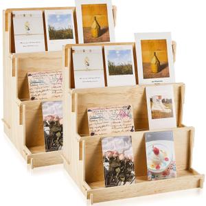 Barydat 2 Pcs 3 Tiered Greeting Card Display Stand Wooden Organizer Racks for Sticker Craft Brochure Table Tabletop Vendors Retail Counter Trade Shows Showcase
