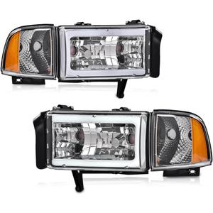 PIT66 Pair Headlight LED Light Strip w/o Bulbs Compatible with Dodge Ram 1500 1994-2001/2500 3500 1994-2002 (Not Fit Sport & Ram Van Model) Headlamps Clear Lens Chrome Housing Amber Refelector