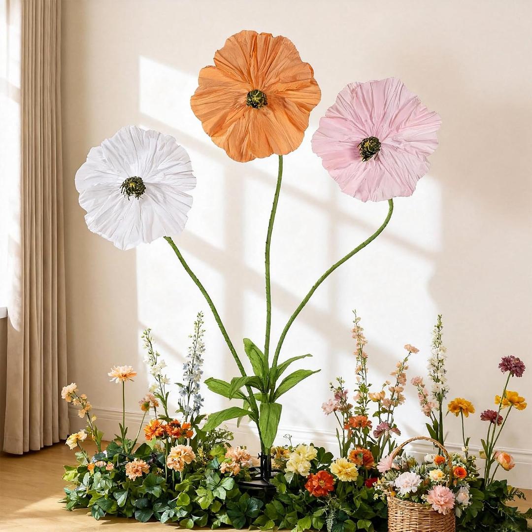 6.1ft Giant Artificial Flowers for Decoration Large Paper Flowers Standing Handcrafted Decoration for Garden Birthday Party Wedding Props Festival Shop Window Display (Mix Color)