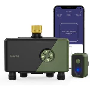 Diivoo 4 Zone WiFi Water Timer with Brass Inlet, Smart Hose Sprinkler Timer 4 Outlets Compatible with Alexa/Google Assistant, 24 Irrigation Plans, Rain Delay & Mist Mode for Garden Lawns (2.4GHz Only)