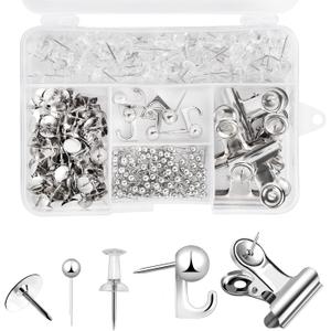 310 Pcs Silver Push Pins Set, Thumb Tacks Decorative Push Pins for Cork Board with Push Pin Hook Pushpin Clip 5 Style Office Accessories for Cork Board Map Office (Silver)