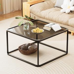 Coffee Table Glass, Minimalist Square Tables for Living Room, Modern Center Table for Office or Small Space, Sturdy Metal Frame, Easy Assembly, 26.4 x 26.4 x 15.7 Inches, Black & Grey Glass, 26.38 x 26.38 x 15.75 inches