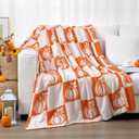 Buryeah Thanksgiving Pumpkin Knit Throw Blanket, 50 x 60 Inch Orange and White Reversible Pumpkin Knitted Throw Blanket, Cozy Lightweight Soft Fall Autumn Gift for Couch Sofa Bed Travel