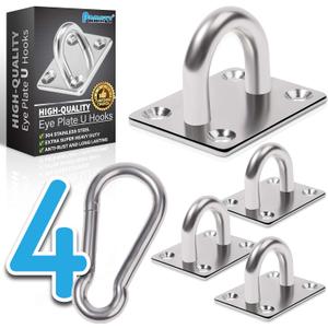 4 PCS M6 Premium Heavy Duty Square Stainless Steel Pad Eye Hooks + 4 Snap Hooks, 16 Screws With Plastic Expansion Tubes, Ceiling Hook for Outdoor Indoor Activity
