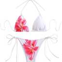 SEGT Women's 2 Piece Floral Print Halter Neck Tie Bikini Set Triangle String Thong Swimsuit Summer Bathing Suits for Women, Size S (White Red)