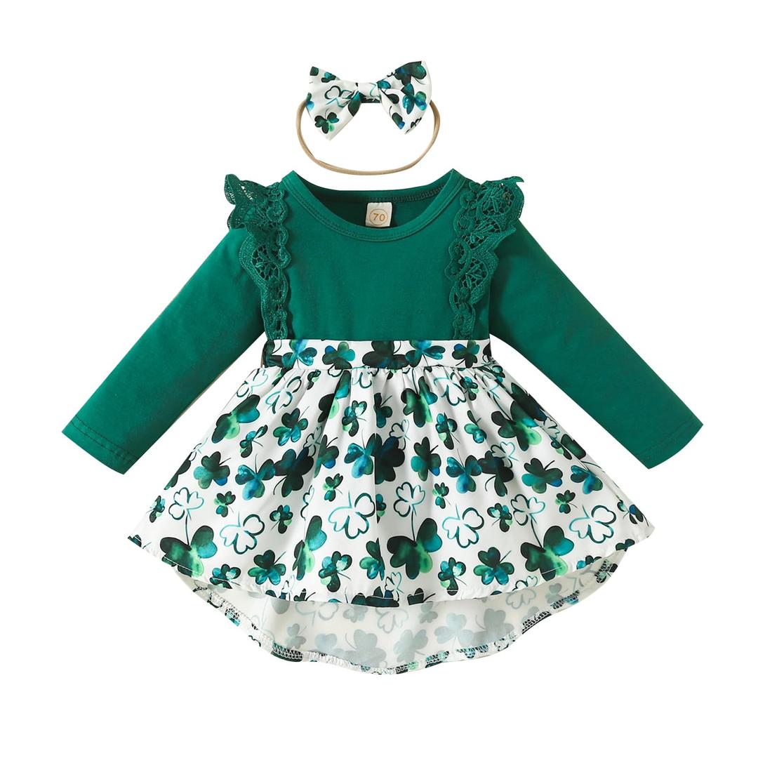 Noubeau Infant Baby Girl St.Patrick's Day Dress Ruffle Long Sleeve Romper Top Lucky Clover Print Skirt Outfits+Headband(Green-1,9-12 Months)