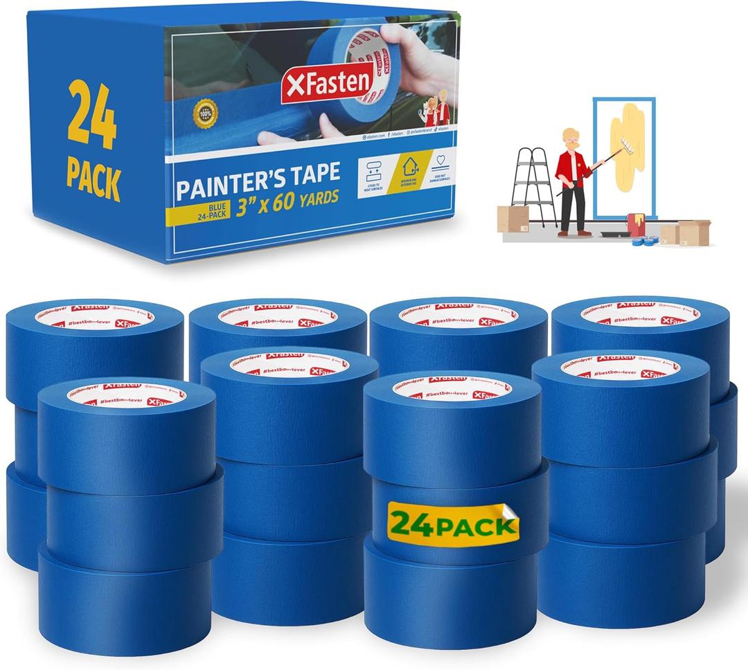 XFasten Blue Painters Tape 3 Inch Wide x 180 Feet Bulk (24-Pack, 4320ft Total) Wall Safe UV-Resistant Blue Masking Tape 3 Inch Wide for Indoor and Outdoor Walls, Painting, Wood, Automotive