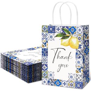 AnyDesign 12 Pack Lemon Thank You Gift Bags Blue Tiles Paper Bag with Handle Candy Goodie Treat Bags for Celebration Wedding Birthday Baby Shower Party Favor Supplies, 5.9 x 8.3 x 3.1 Inch