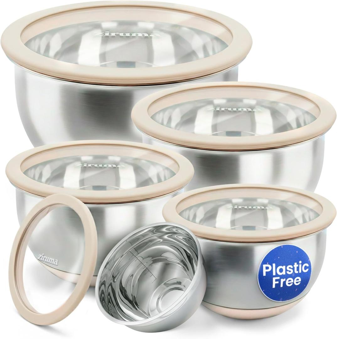 Ziruma Non-Toxic Mixing Bowls with Lids Set, Stainless Steel & Glass, 5 Pcs Plastic Free Bowls with Silicone Non-Slip Base, Dishwasher Safe Mixing Bowl Set
