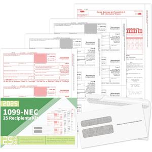 5 x 1099 NEC Forms 2025,1099 NEC Forms 2025 with Envelopes,Vendor Kit of 25 Laser Forms,1099 NEC Tax Forms,4 Part Tax Forms Kit,25 Self Seal Envelopes with 3 1096 Included