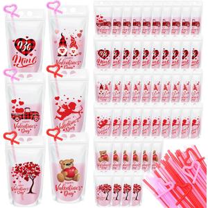 60 Set Valentines Drink Pouches with Straw 17 oz Hearts Plastic Drink Pouches for Adults Alcohol Clear Reclosable Juice Beverage Bag for Valentine's Day Wedding Birthday Party Supplies(Heart)