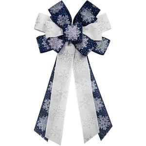 Hying Large Christmas Bow for Wreath, Blue White Cotton Bows for Front Door Wall Fence Decor, Christmas Snow Wreath Bow Tree Topper Bow for Winter Christmas Party Decoration Supplies