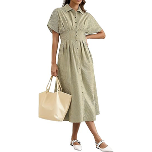 SAFRISIOR Women Button Front Pleated Shirt Maxi Dress Summer Green Striped Short Sleeve Collar Casual Long Dresses, Size XXL