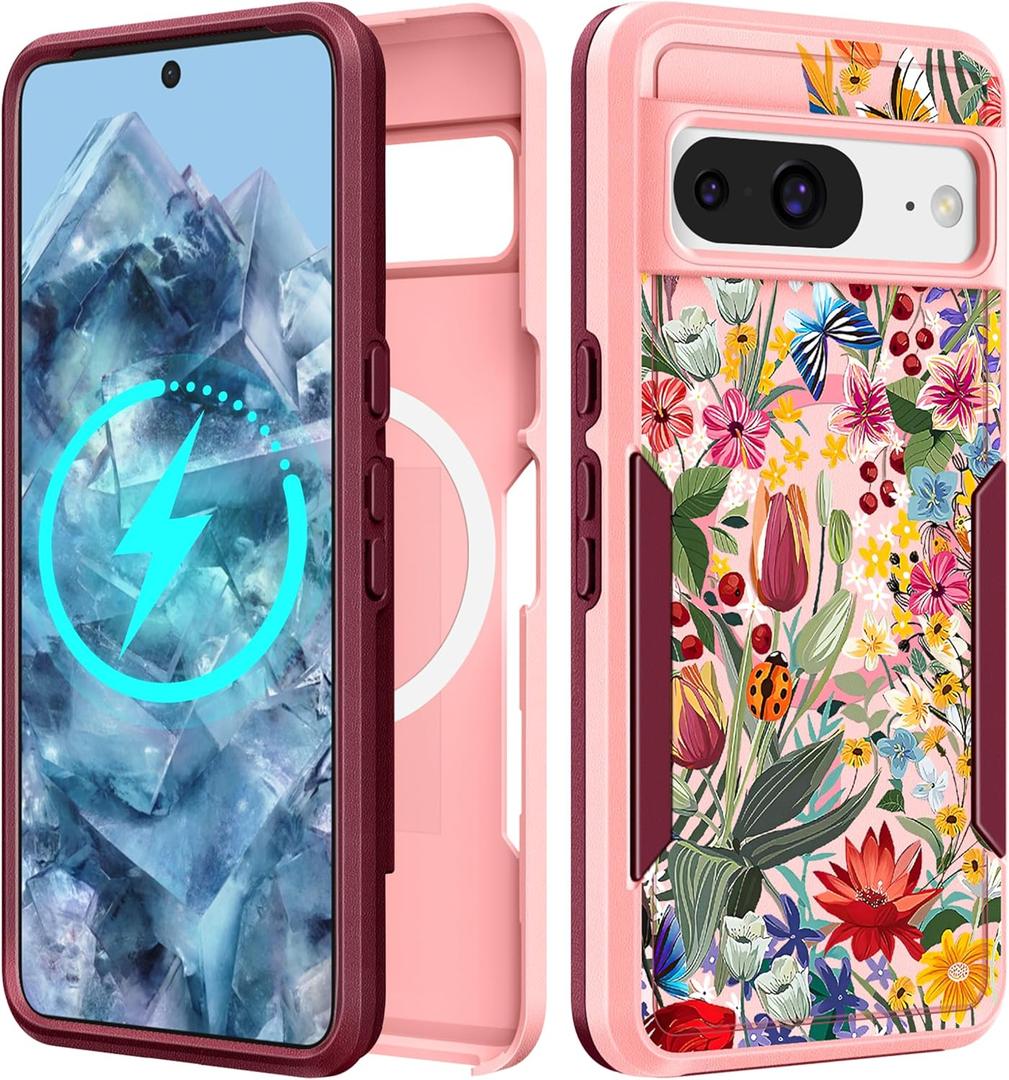 for Google Pixel 8 Case 6.2 Inch - Compatible with MagSafe Women Girls Cute Magnetic Protective Cover Girly Pretty Floral Flower Heavy Duty Shockproof Design for Google Pixel 8 Phone Cases,  Flower Grasses