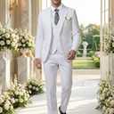 Men's 3 Piece Slim Fit Suit Set, Two Button Blazer Solid Jacket Vest Pants Wedding Business Suit (White, L)