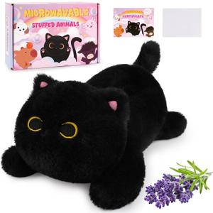 Microwavable Stuffed Animals, Weighted Black Cat Plush Heating Pad for Period Cramps, Heatable and Coolable Lavender, Kawaii Plush Toys for Women Girls Kids,10 Inch