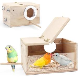 TiereCare Parakeet Nesting Box - Visual Wooden Bird Nest Breeding Box - Bird Cage House with Perch for Lovebirds Cockatiel Budgie Finch Parrot