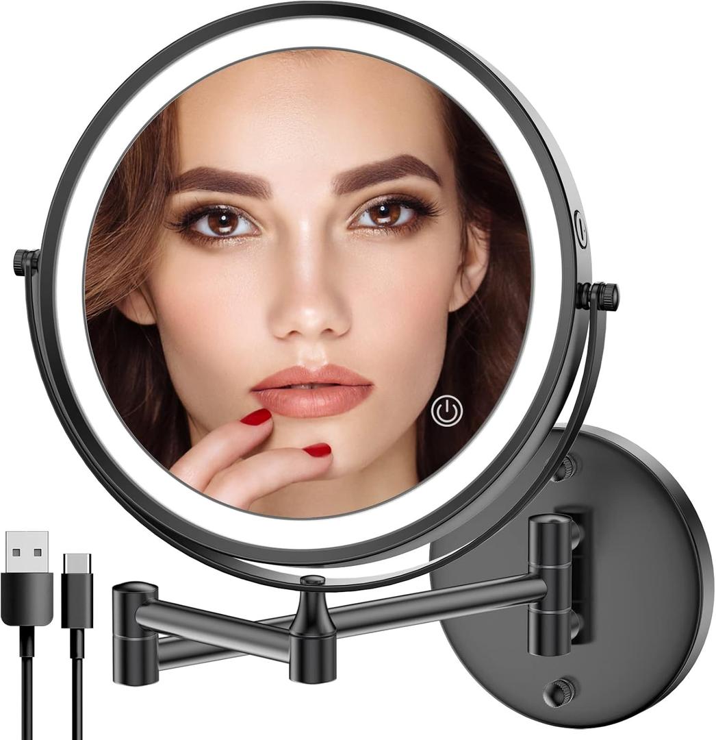 Rocollos Rechargeable Wall Mounted Lighted Makeup Mirror, 8 Inch Double-Sided LED Vanity Mirror 1X/10X Magnification,3 Color Lights Touch Screen Dimmable 360Swivel 13 Inch Extendable