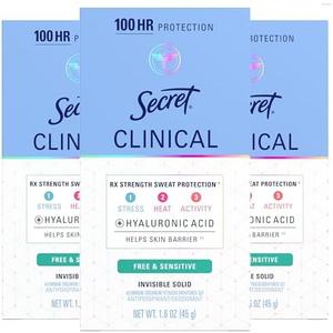 Secret Clinical Strength Antiperspirant Deodorant for Women, Free & Sensitive, Stress Protection, 72hr Sweat & Odor Protection, PH Balancing Minerals, Invisible Solid, Unscented, 1.6 oz (Pack of 1)
