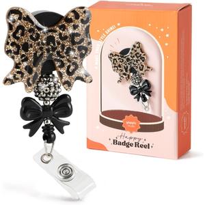 YOPPIX Leopard Bow Badge Reel, Coquette Bow Funny Sparkly Glitter Retractable Badge Reel for Nurses RN EN Doctor Paramedic Teachers Medical Office Womens