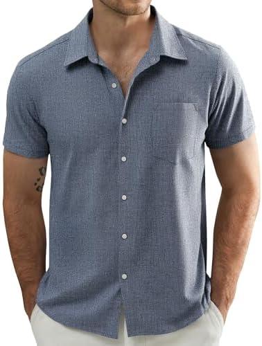 JOGAL Mens Short Sleeve Button Down Shirts Regular Fit Casual Summer Beach Shirt with Pocket, XL