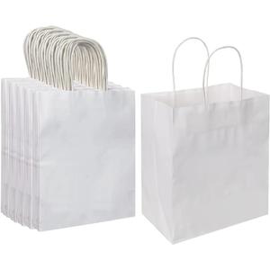 Oikss 100 Pack 8x4.75x10 Inch Medium White Kraft Paper Bags with Handles Bulk for Birthday Wedding Party Favors Grocery Retail Shopping Business Takeout Goody Craft Gift Bags Sacks, (100pcs Count)