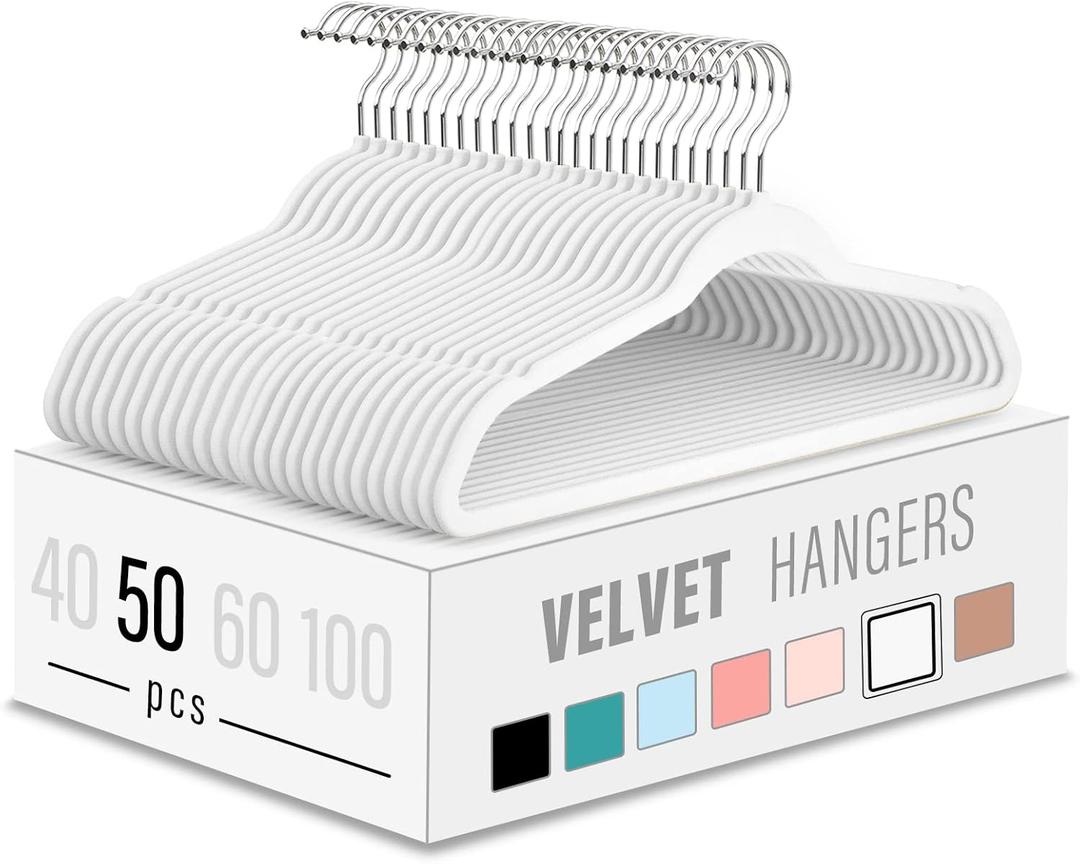 Velvet Clothes Hangers 50 Pack, Non-Slip Slim White Suit Hanger Space Saving Luxury Velvet Hangers for Wardrobe, Student Dorms, Home Organization (17.7inch-50pack)