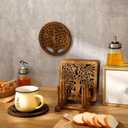 Beeveer 5 Pcs Life Tree Wooden Trivets with Storage Rack Hot Pads Trivets for Hot Dishes Pots and Pans Heat Resistant Mat Set Tea Pot Holders for Kitchen Dining Table(Dark Wood)