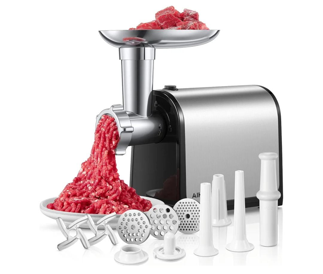 Electric Meat Grinder, Sausage Stuffer with 3 Sausage Tubes, 2 Blades, 3 Plates, 3200W Max, Meat Grinder Heavy Duty for Home Kitchen Use, Stainless Steel (Black)