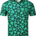 Mens St. Patrick's Day Shirt Hawaiian Shirts for Women Irish Clover Printed Casual Short Sleeve Summer Beach Top Costume (Green, XXL)