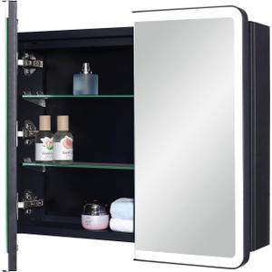 LED Bathroom Medicine Cabinet with Round Corner Framed Mirror Door 22 x 20 inch, Recessed or Surface Mount, with Adjustable Glass Shelves Shelves