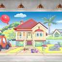 Cartoon Dog House Backdrop, Blue Sky Birthday Photography Background for Parties, Happy Birthday Photo Booth Prop Decorations 7x5 FT