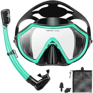 Snorkeling Gear for Adults, Dry Adult Snorkel Set HD Panoramic View Snorkel Mask Set, Anti-Leak and Anti-Fog Scuba Diving Package with Mesh Bag Ear Plug for Snorkeling Scuba Diving Travel (Turquoise Blue)