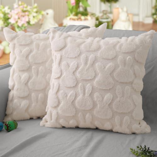 DFXSZ Easter Pillow Covers 18x18 inch Set of 2 Easter Decoration Cream White Rabbit Soft Plush Faux Fur Jacquard Throw Pillows for Bedroom Sofa Holiday Festivals Home Decor FHJ-010A18