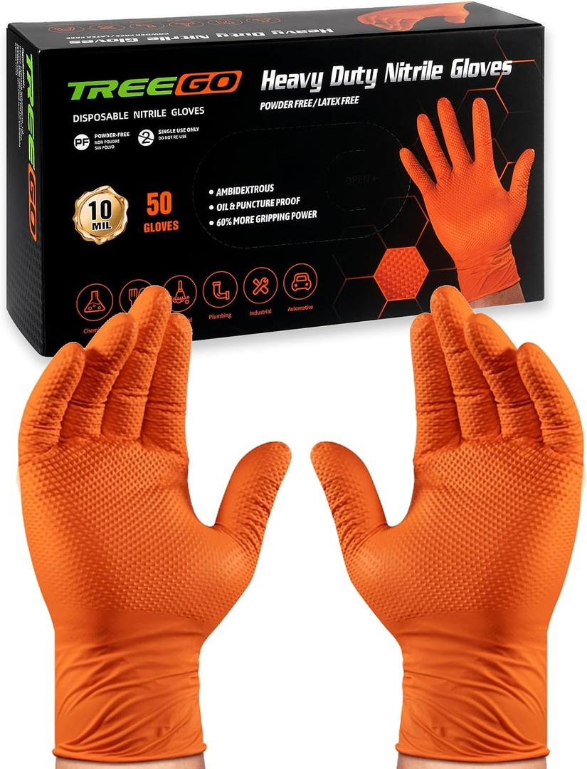 TREEGO 10 Mil Nitrile Gloves Disposable Orange Gloves - Heavy Duty Rubber Mechanic Gloves with Double Diamond Grip, Latex Free Industrial Work Gloves for Tools & Garage, 50 Count Medium