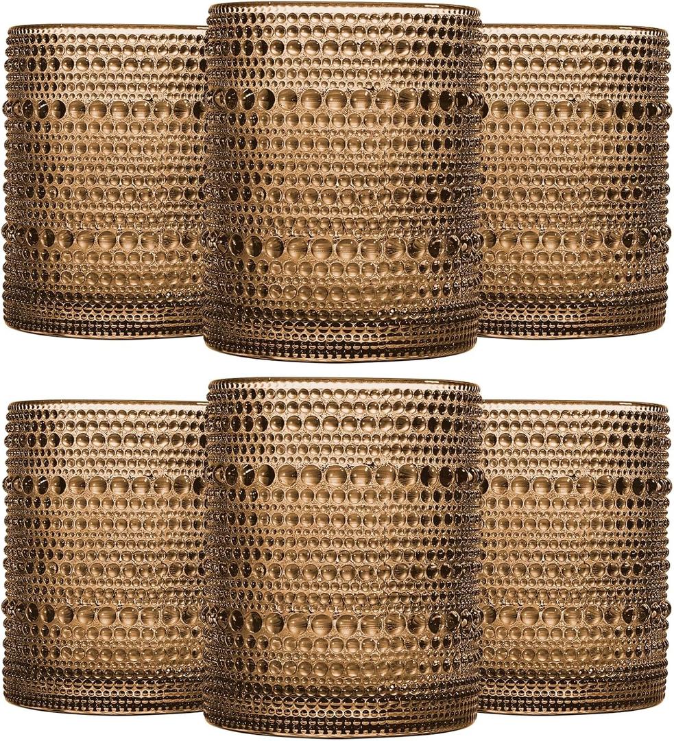 Brown Vintage Hobnail Drinking Glasses Set of 3, Embossed Water Tumbler 12oz, Kitchen & Bar Beaded Glass Cups, Beverage Glass Cups for Water, Beer, Juice, New Year Gifts