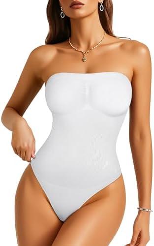 Irisnaya Strapless Shapewear Bodysuit for Women - Thong Bodysuit Tummy Control Tube Top Body Suits with Removable Strap S (White)
