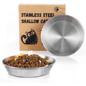 2-Pack Stainless Steel Cat Food Bowls, Shallow Whisker-Friendly Non-Slip Silicone Base Metal Dishes, Easy to Clean Indoor Water Flat Plates for Cat, Kitten, Small Dog (5.9")