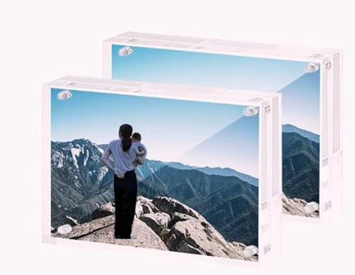 2Pack Clear Picture Frames Freestanding Double Sided Magnetic Acrylic Lucite Frameless Transparent Square Frame Gift for Desktop Display