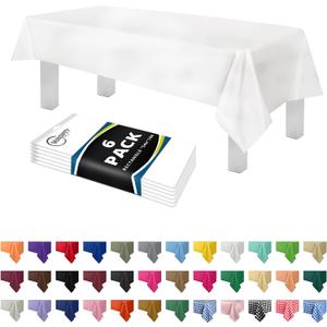 White Plastic Table Cloth Disposable (6 Pk) 54in x 108in Plastic Tablecloths for Rectangle Tables - Premium Party Table Cloths Disposable for 6ft to 8ft Rectangle Tables