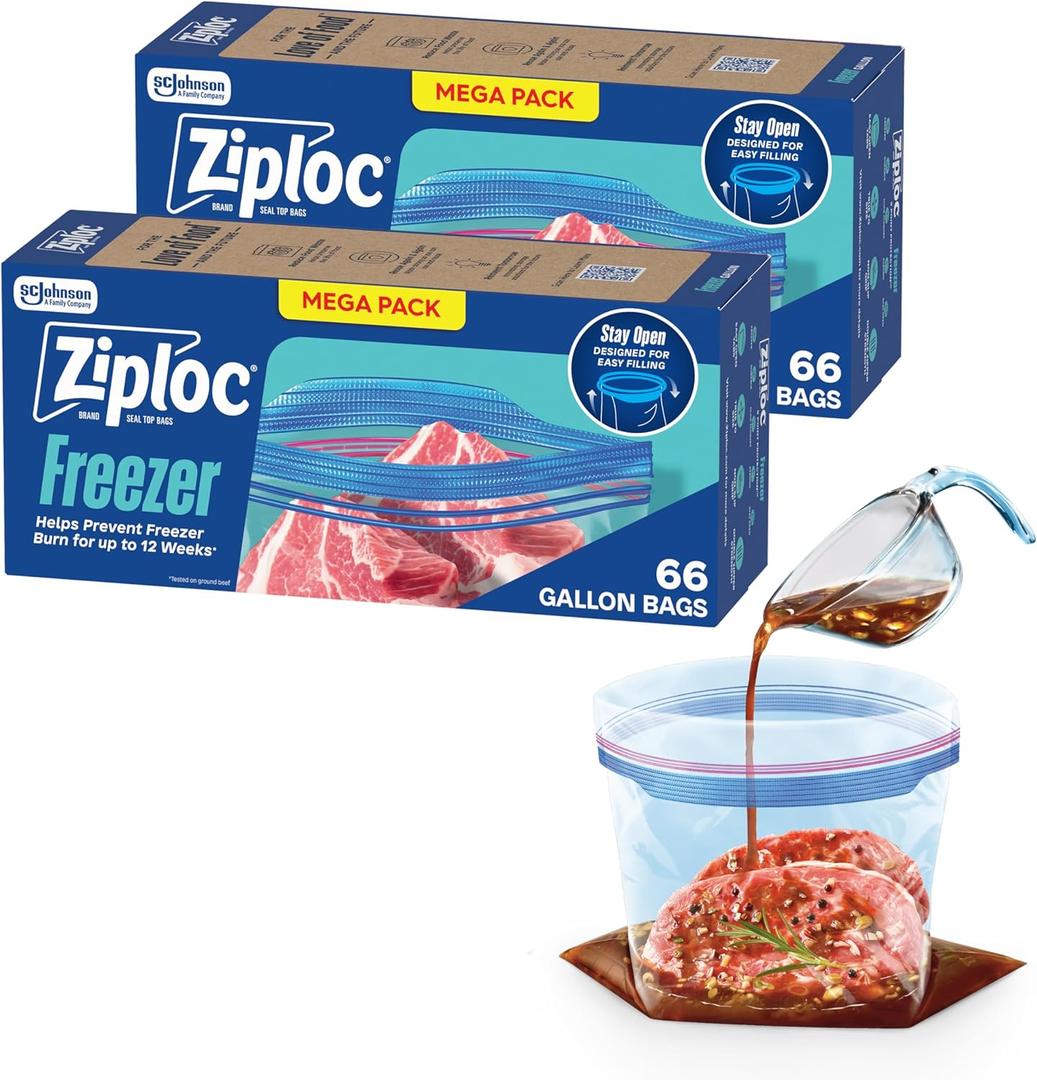Ziploc Gallon Food Storage Freezer Bags, 132ct Total, Stay Open Design, Easy to Fill, 66 Count, 2 Pack, 132 Total