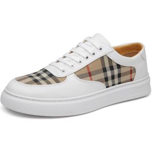 Men's Lace - up Plaid - Paneled Sneakers, Casual Low - top Canvas & Leather Shoes for Daily & Street (White, 44)