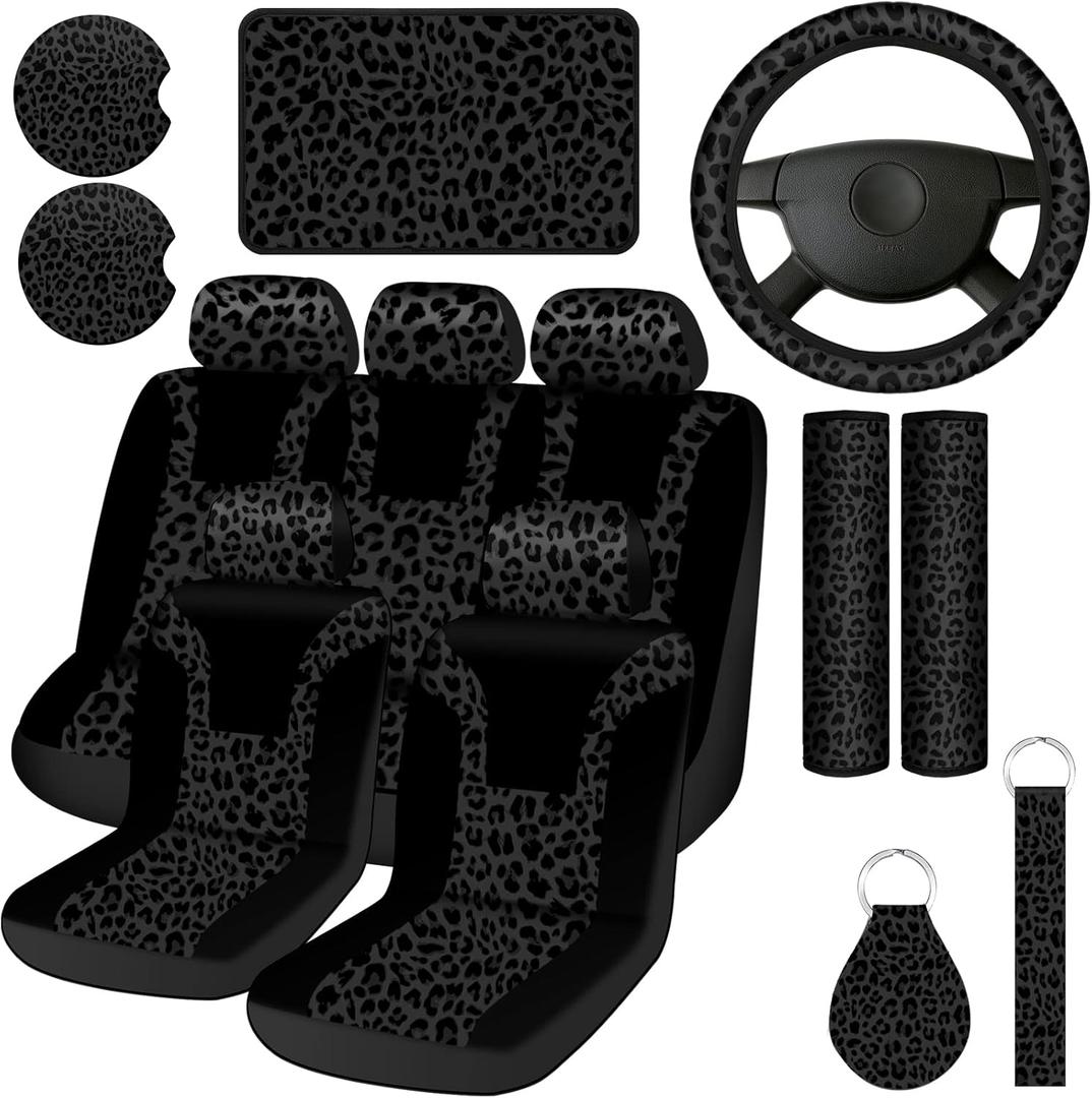 13 Pcs Leopard Print Car Accessories Set, Includes Leopard Seat Covers Set Leopard Steering Wheel Cover Coasters Armrest Pad Cover Seat Belt Pads Keychain and Wrist Strap for Decor (Black)