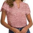 Women's Casual Ruffled V Neck Chiffon Blouse Short Sleeve Office Work Elegant Shirt Vintage Basic Tops (Pink, S)