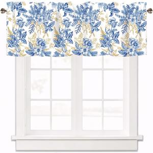 Blue Floral Kitchen Valances for Windows, Valance Curtain Farmhouse Rod Pocket Window Treatments Short Curtains for Kitchen Bedroom Bathroom Living Room 1 Panel, 42x12 Inch