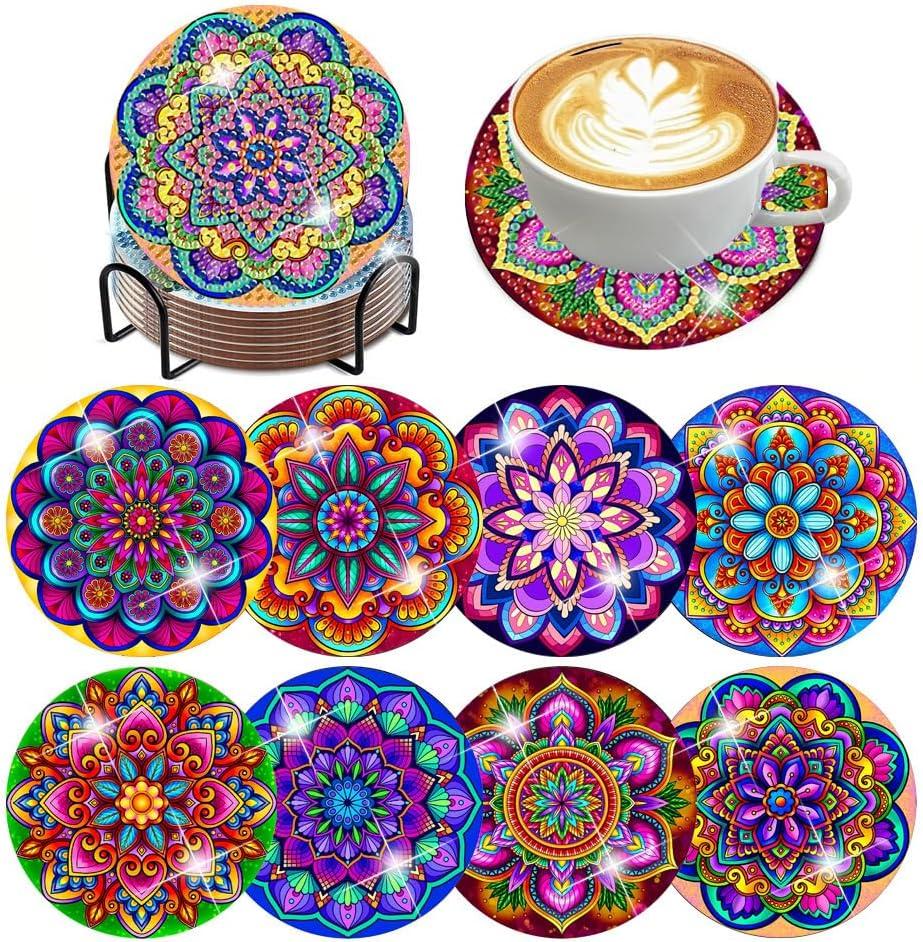 ijbnhd Mandala Diamond Painting Coasters Kit with Holder, DIY Diamond Art Coasters Cork Wooden Pad Board Double Layer is Strong and Wear-Resistant for Beginners Adults Art Craft Supplies Gift 4X4IN