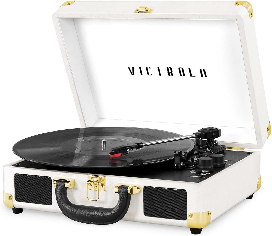 Victrola Journey Bluetooth Portable Suitcase Record Player  with Built-in Speakers, 3 Speed Vinyl Record Player, RCA Out, Headphone Jack (White)