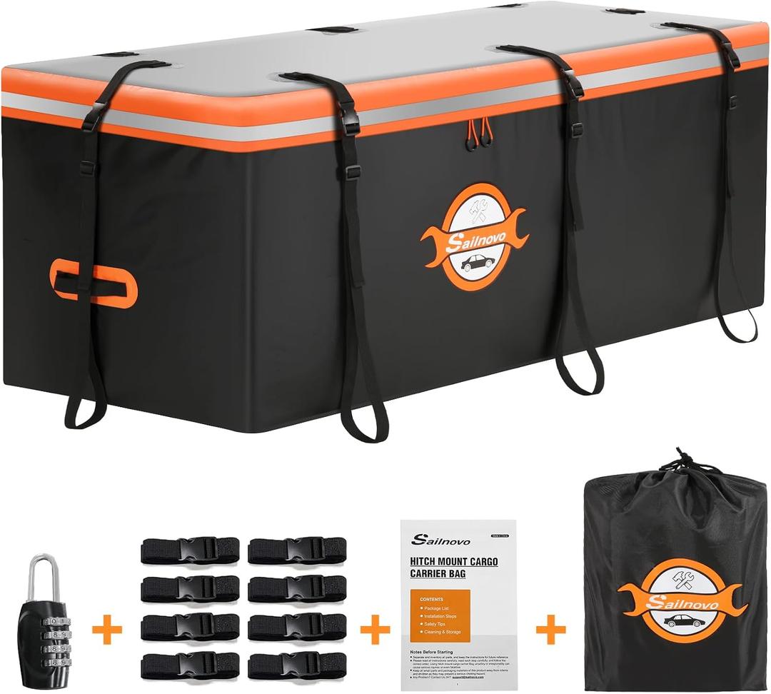 Sailnovo 20 Cu Ft Hitch Cargo Carrier Soft Shell Bag, Waterproof PVC
60"x24"x24", Include 8 Reinforced Straps, Secure Lock & Storage Bag, Ideal for Camping and Road Trips